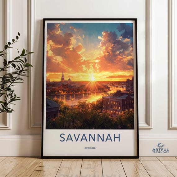 Savannah Georgia Wall Art Cityscape Print Sunset Painting Travel Poster Home Decor Southern Charm Usa