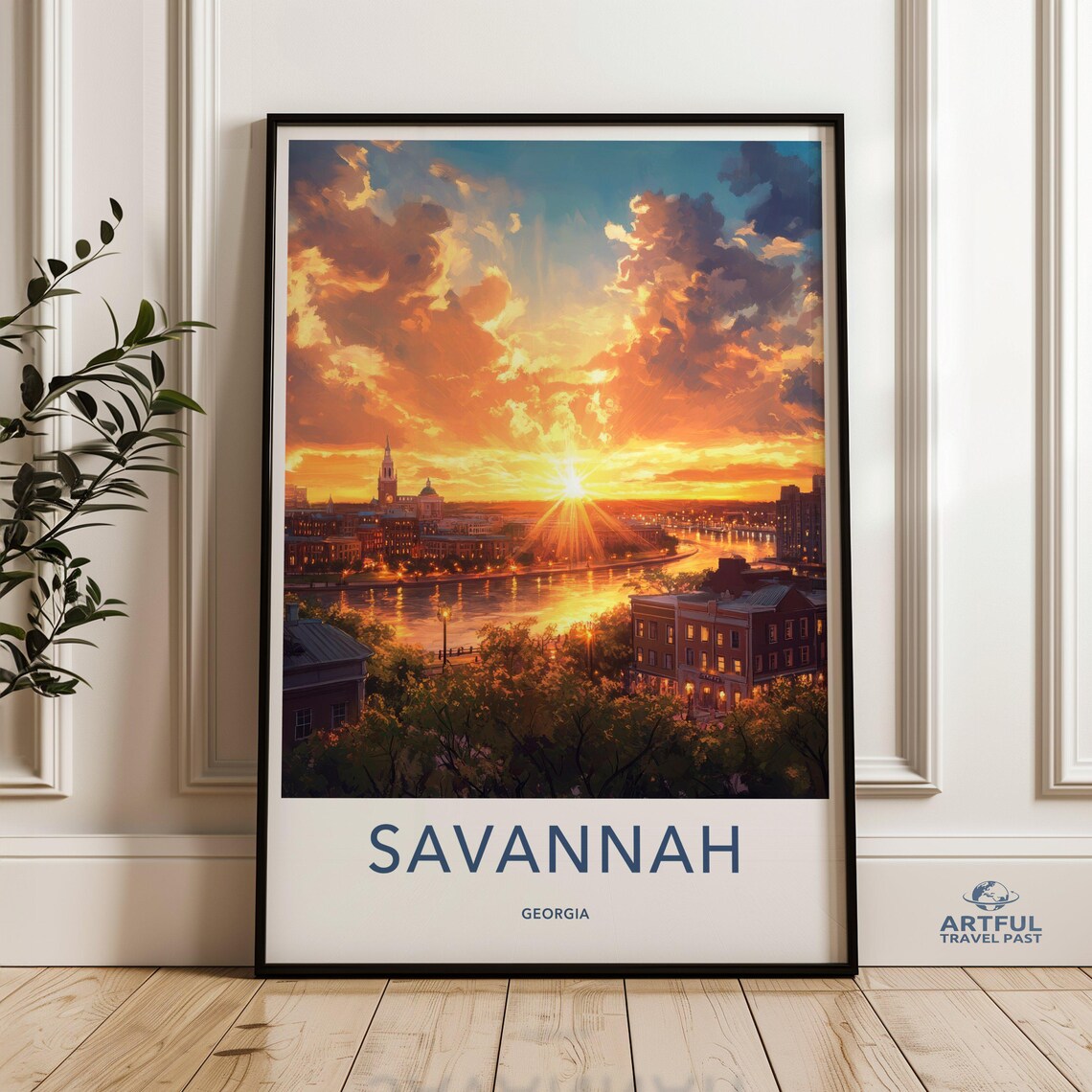 Savannah Georgia Sunset River City Skyline Retro Travel Poster