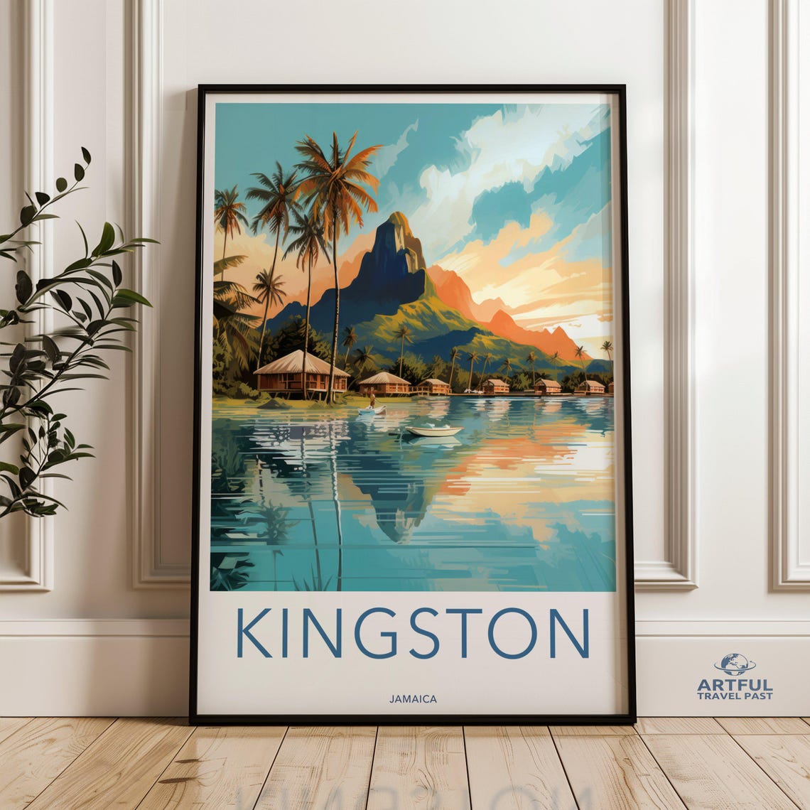 Kingston Jamaica Tropical Lagoon Palm Mountain Travel Art Poster