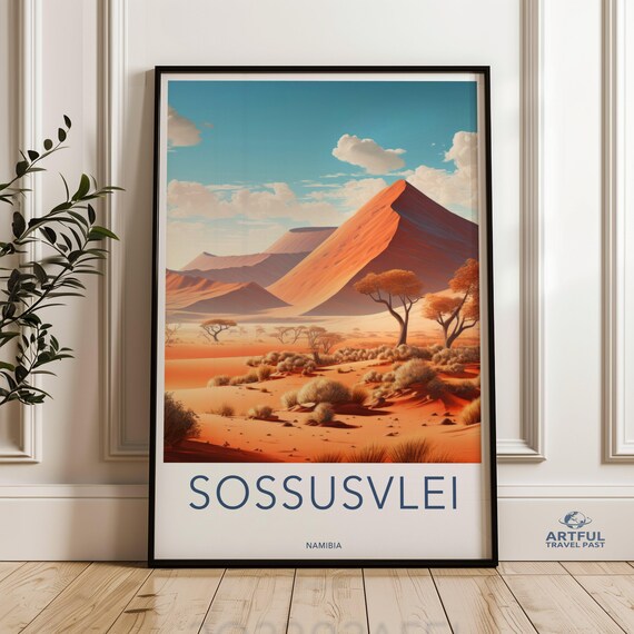 Sossusvlei Namibia Red Dunes Desert Camel Thorn Trees Vintage Travel Poster