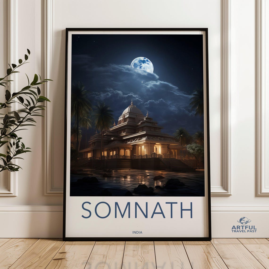 Somnath India Moonlit Hindu Temple Night Vintage Travel Poster