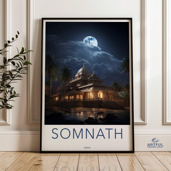 Somnath Temple Wall Art Full Moon Night Poster Cultural Landmark Print Historic Illustration Spiritual Decor