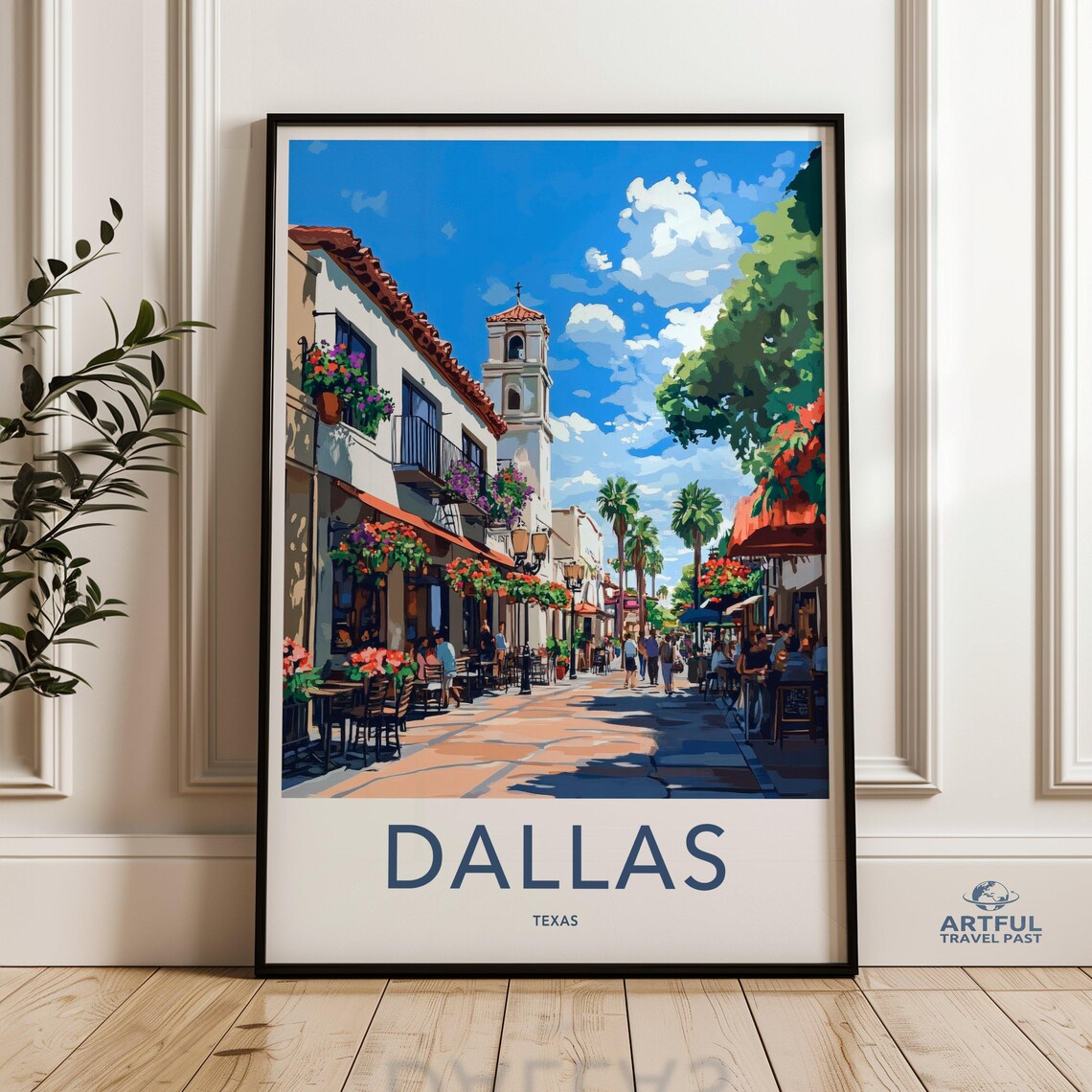 Dallas Texas Sunny Cafe Street Travel Poster Palm Scene View
