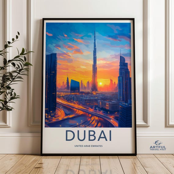 Dubai Skyline Wall Art Cityscape Print Poster Modern Home Decor Burj Khalifa Artwork Sunset City View Uae