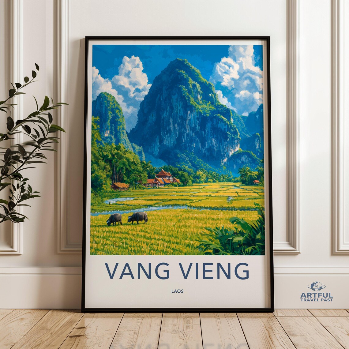 Vang Vieng Laos Karst Mountain Rice Field Buffalo Travel Poster