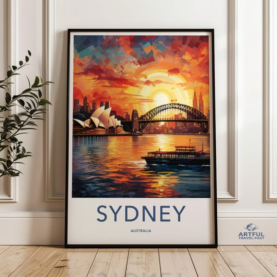 Sydney Australia Sunset Wall Art Cityscape Print Colorful Harbour Bridge Artwork Modern Home Decor Australian Travel Poster