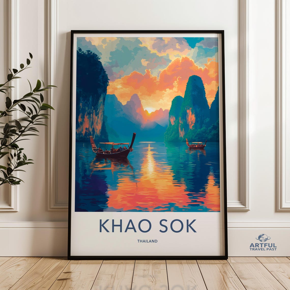Khao Sok Thailand Sunset Longtail Boat Travel Poster Tropical Cliffs