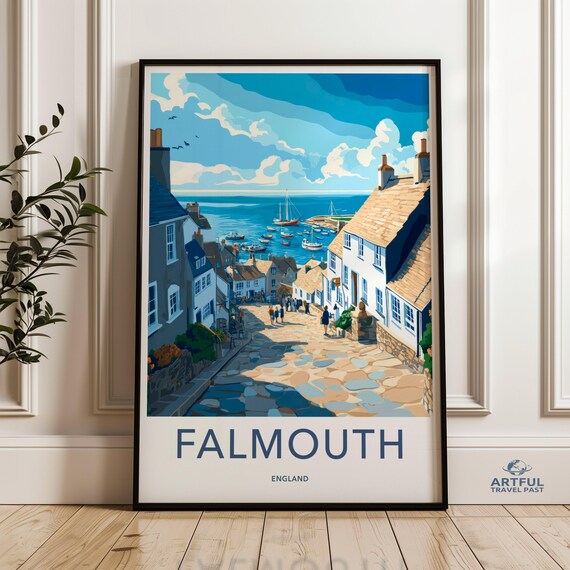 Falmouth England Cobbled Street To Harbor Vintage Travel Poster