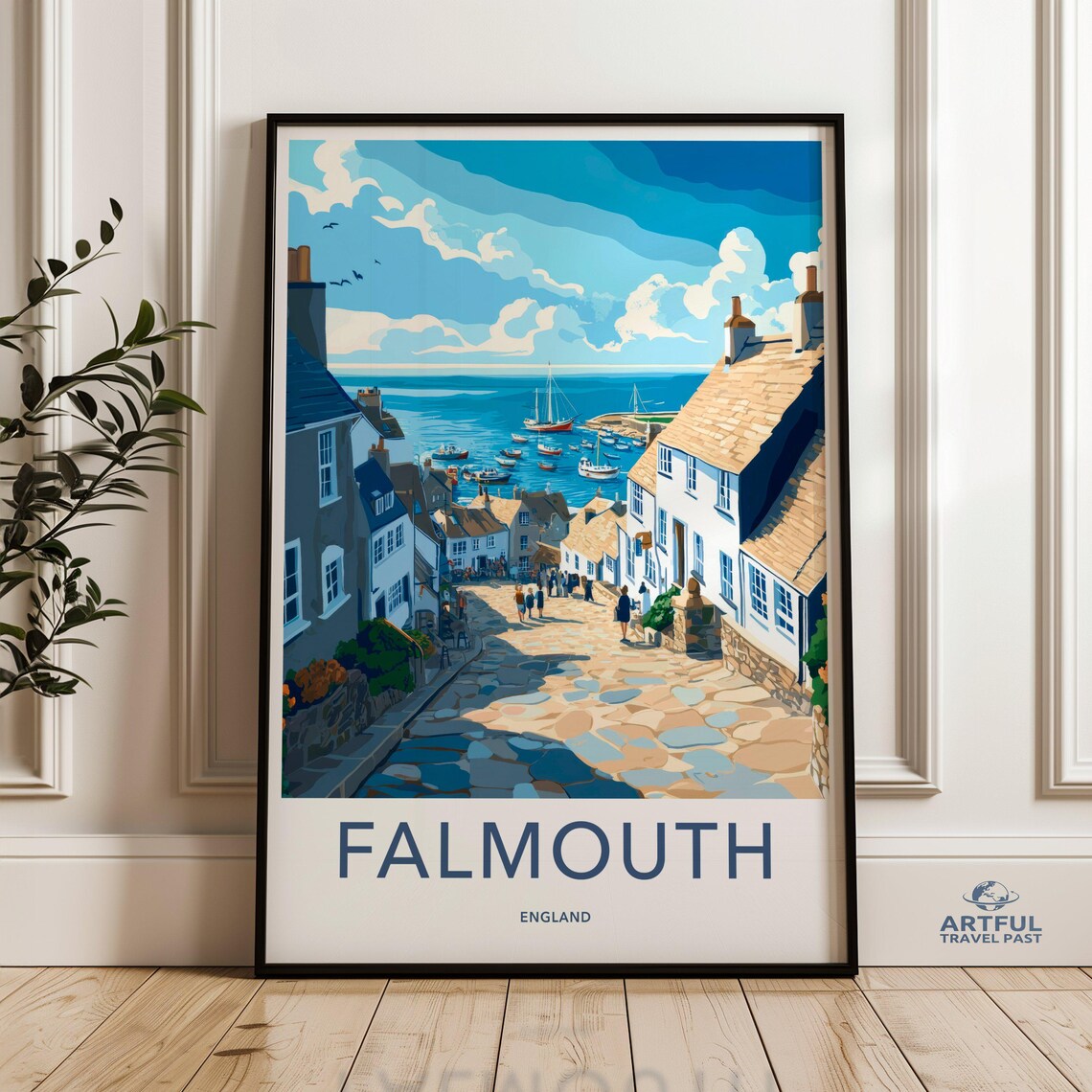 Falmouth England Cobbled Street To Harbor Vintage Travel Poster