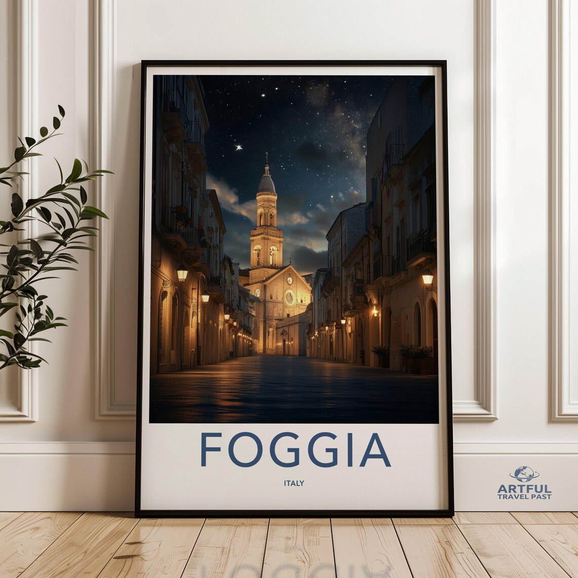 Foggia Italy Cathedral Street Night Starry Sky Travel Poster