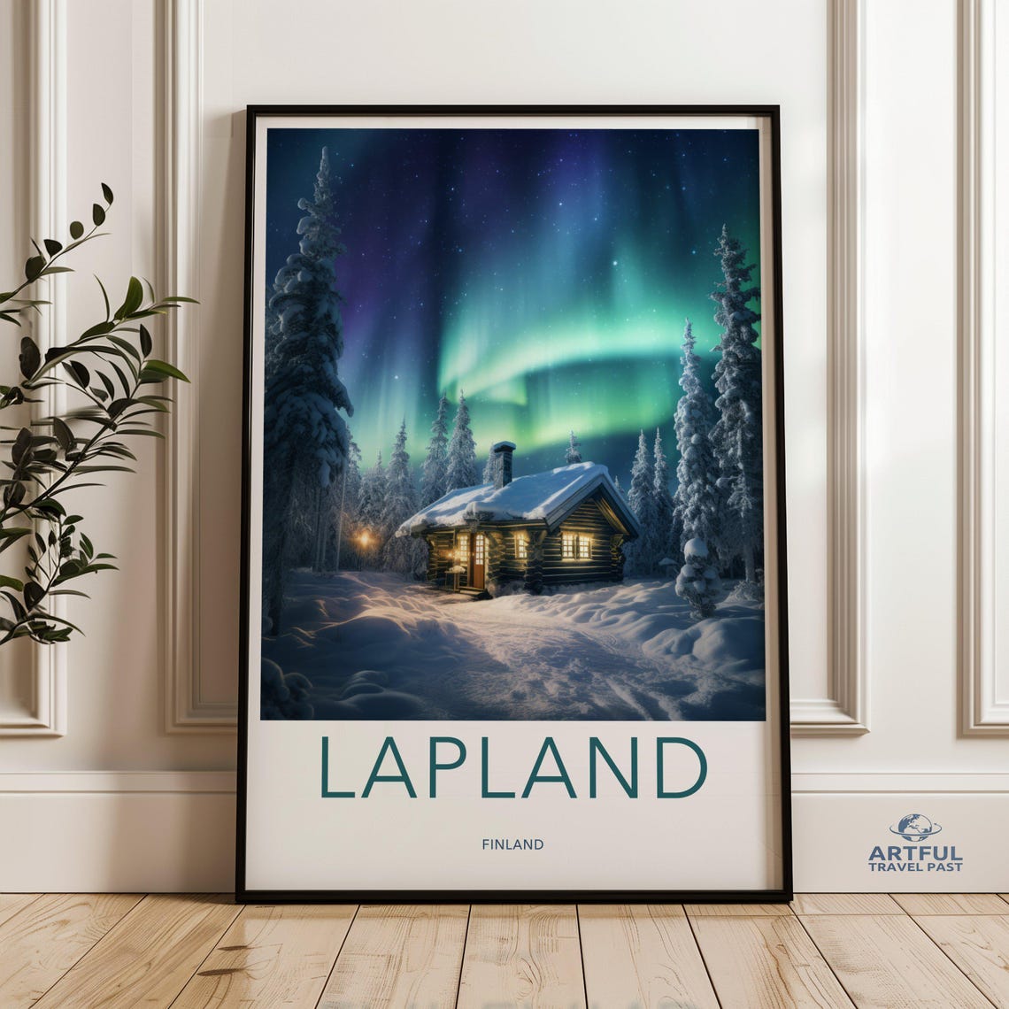 Lapland Finland Cozy Cabin Northern Lights Winter Travel Poster