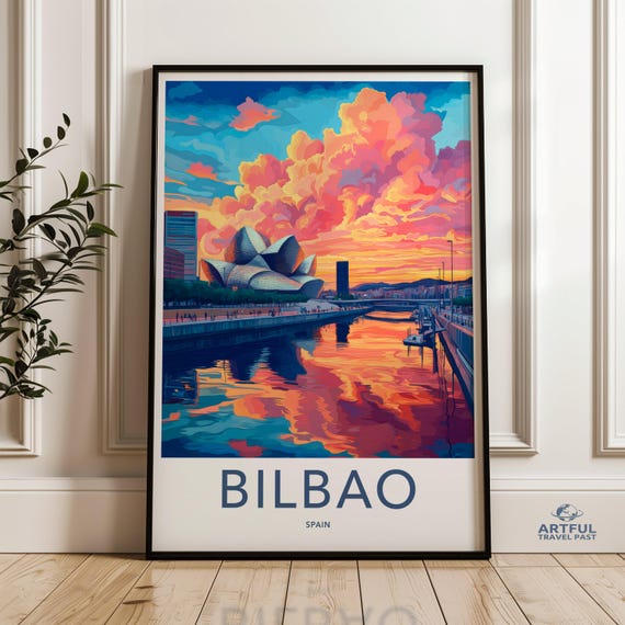 Bilbao Wall Art Spain Travel Poster Colorful Sunset Print Cityscape Modern Skyline Decor
