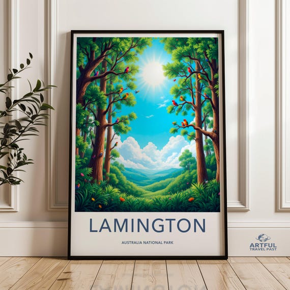Lamington Australia National Park Wall Art Scenic Landscape Poster Nature Illustration Print Sunlit Forest Decor Vibrant Wildlife