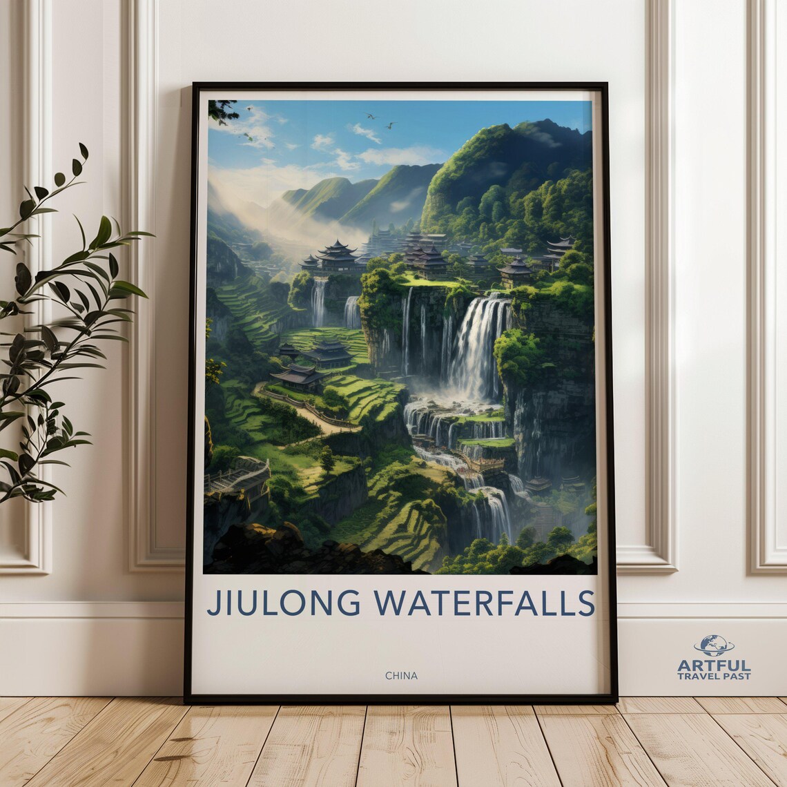 Jiulong Waterfalls China Lush Mountain Pagodas Vintage Travel Poster