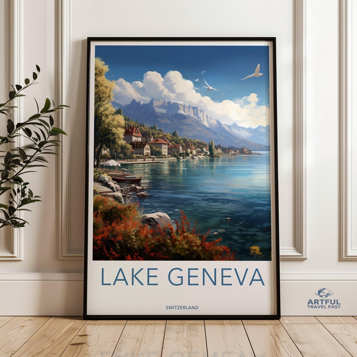 Lake Geneva Switzerland Vintage Style Scenic Lake Travel Poster