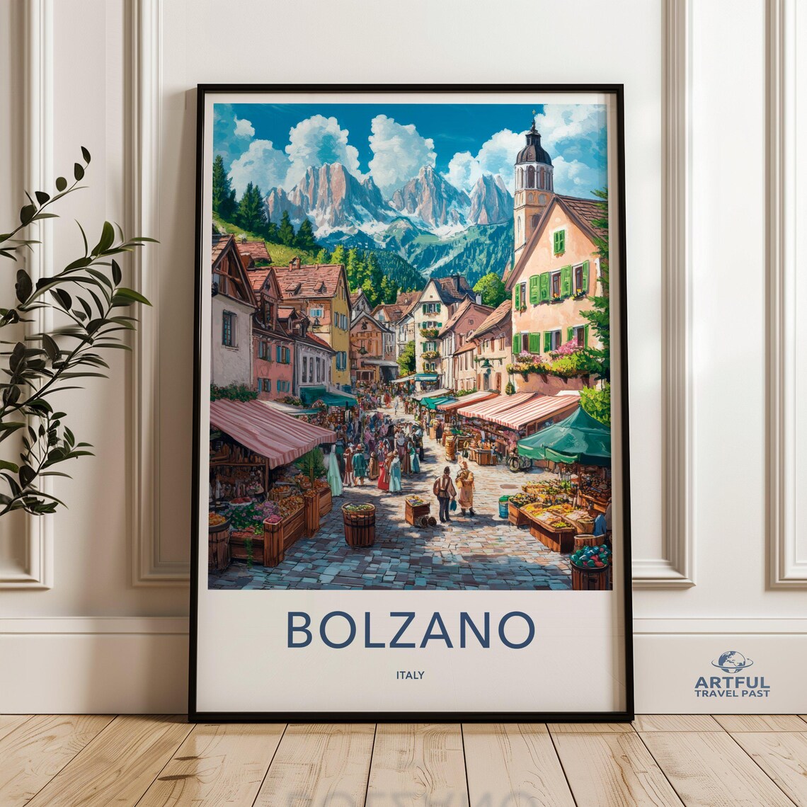 Bolzano Italy Travel Poster, Mountain Market Scene
