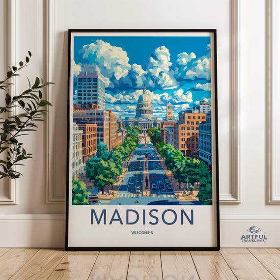 Madison Cityscape Poster Print Wisconsin Wall Art City Skyline Illustration Urban Decor Office Artwork Vintage Travel Gift