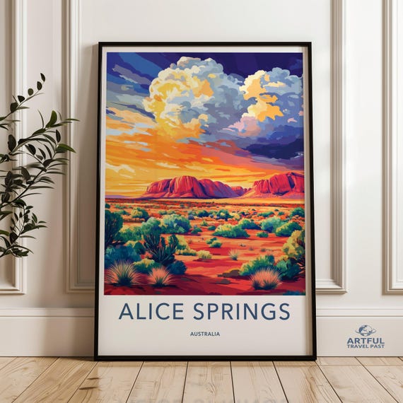 Alice Springs Landscape Wall Art Australia Desert Sunset Poster Colorful Scenic Print Beautiful Nature Illustration Decor