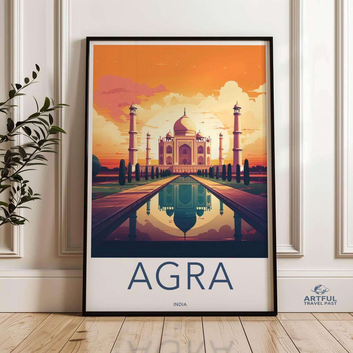 Agra Taj Mahal Sunset Reflection India Landmark Travel Poster