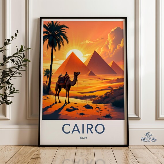 Cairo Egypt Pyramids Camel Palm Sunrise Desert Travel Poster
