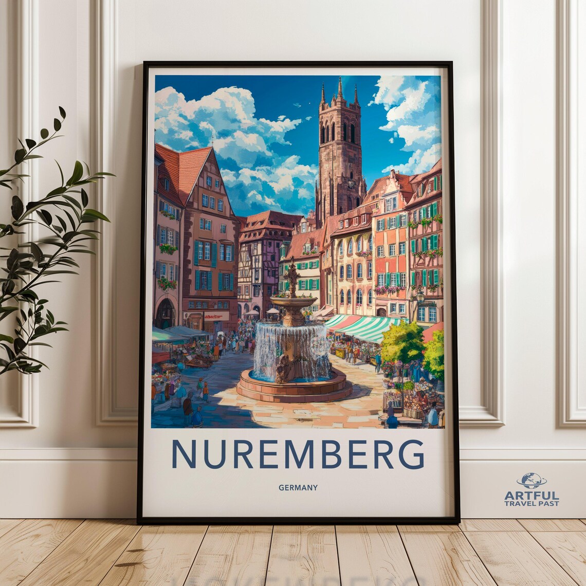 Nuremberg Germany Old Town Square Fountain Vintage Travel Art Poster