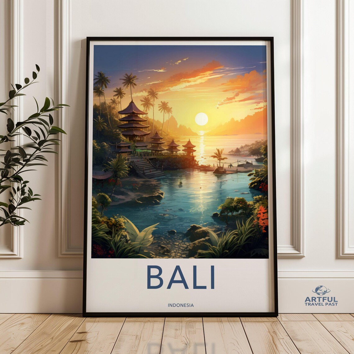 Bali Indonesia Ocean Temple Golden Sunset Vintage Travel Poster