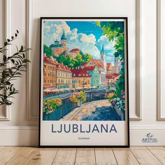 Ljubljana Slovenia Poster European Cityscape Wall Art Colorful City Illustration Travel Decor Urban Landscape Print