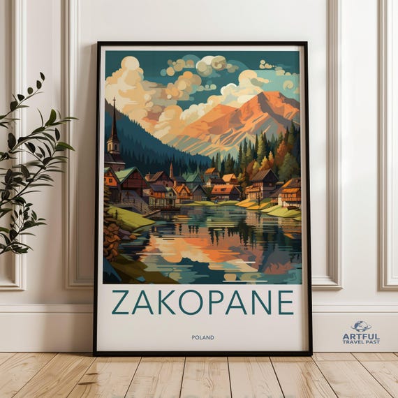Zakopane Wall Art Vintage Travel Poster Mountain Village Print Scenic Lake Artwork Nordic Town Decor Landscape Illustration