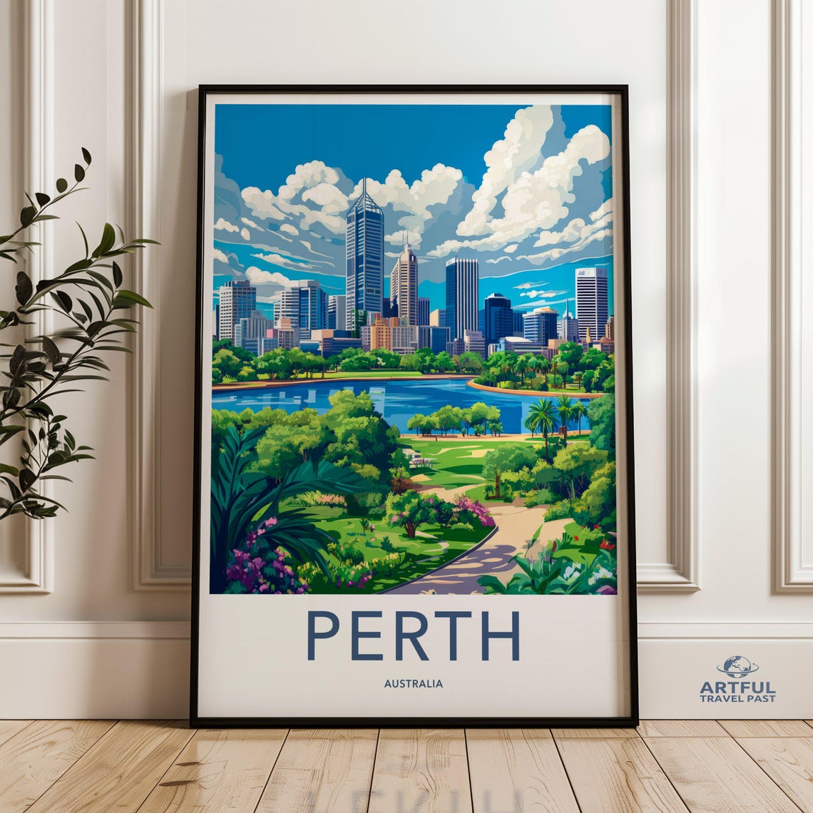 Perth Australia Daytime Skyline Park Riverside Travel Poster