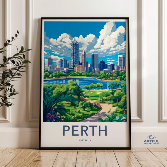 Perth Australia Wall Art Cityscape Print Travel Poster Skyline Illustration Modern Home Decor Artwork For Living Room