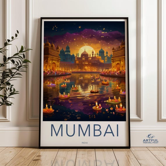 Mumbai Wall Art Print Night Scene Illustration Cityscape Cultural Landmarks Illuminated Waterfront Decor Travel Artwork