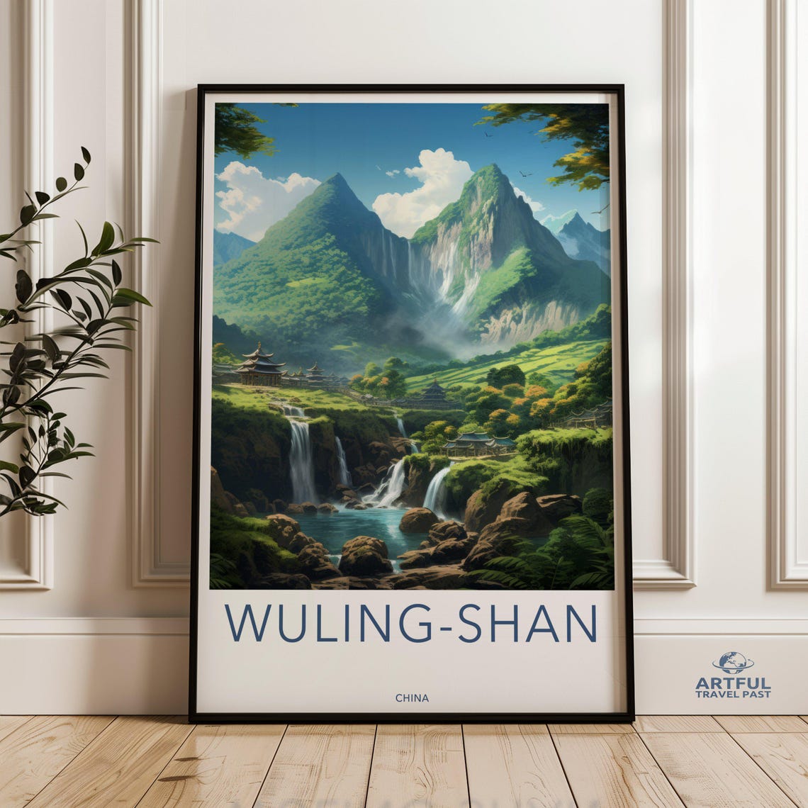 Wuling Shan China Waterfall Mountain Temple Travel Poster Art