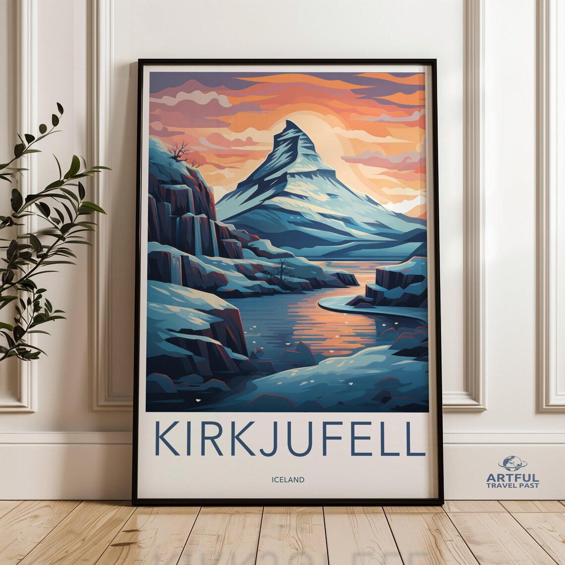 Kirkjufell Iceland Waterfall Mountain Sunset Vintage Travel Poster