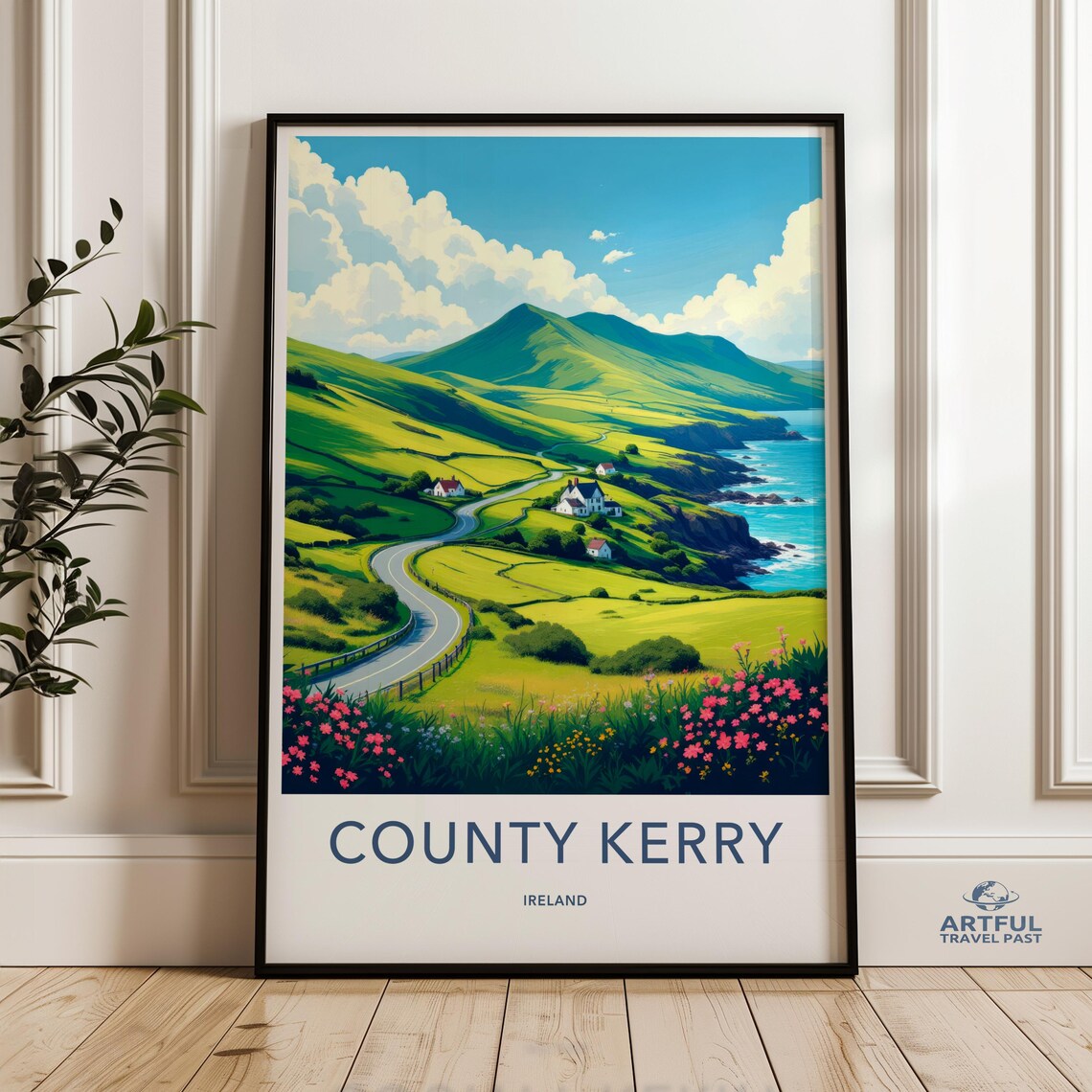 County Kerry Ireland Green Hills Coast Road Vintage Travel Poster