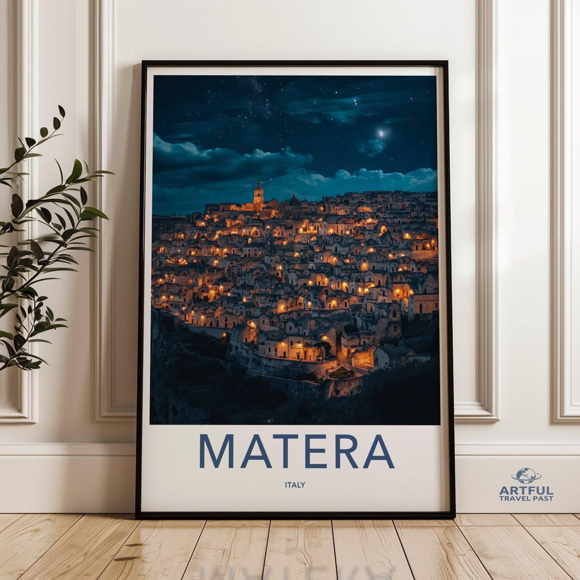 Matera Italy Illuminated Old Town Starry Night Sky Travel Poster