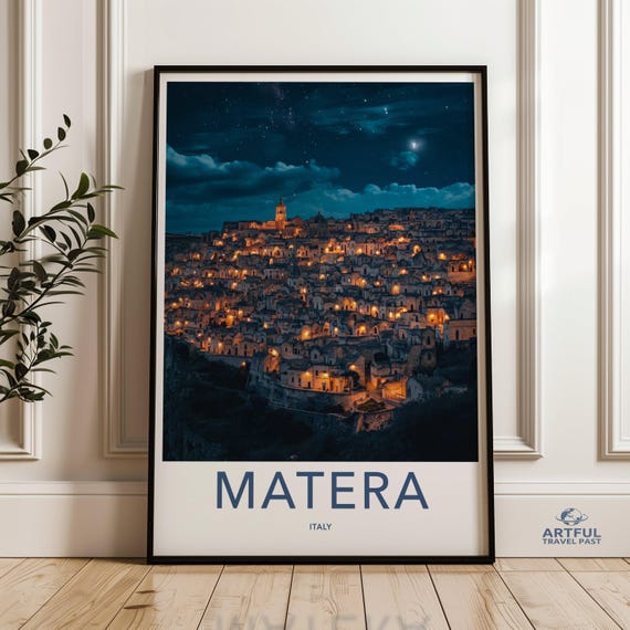 Matera Italy Nightscape Wall Art City Lights Photography Print European Historic Town Poster Illuminated Skyline Decor