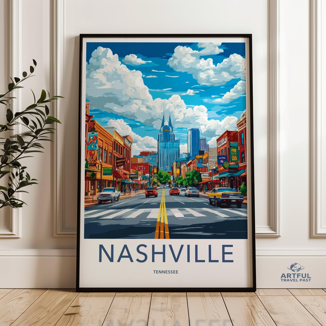 Nashville Tennessee Broadway Street Skyline Vintage Travel Poster