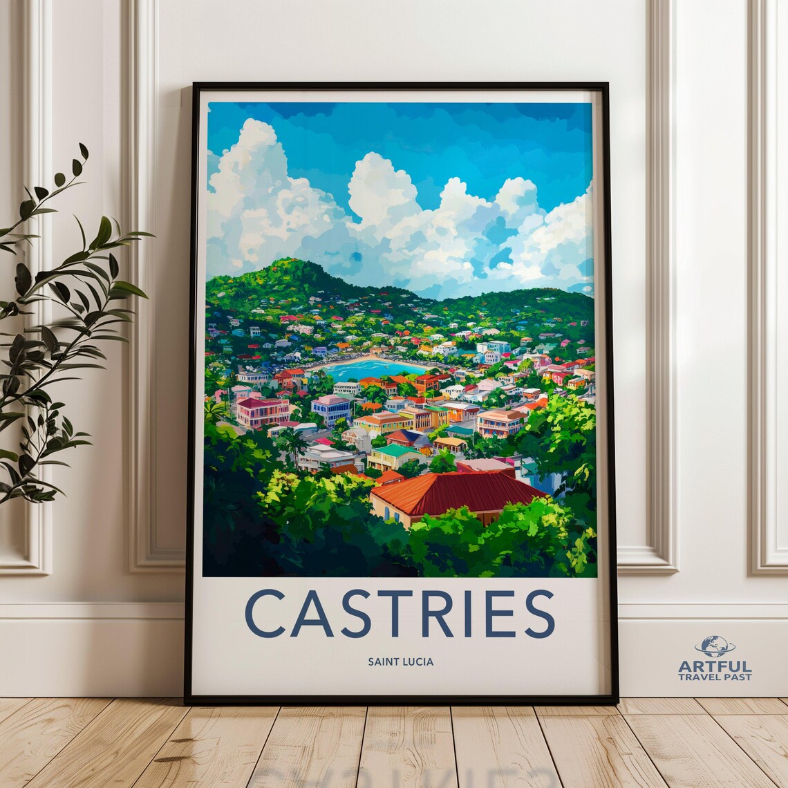 Castries Saint Lucia Hilltop City View Caribbean Vintage Travel Poster