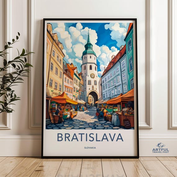 Bratislava Wall Art Slovakia Print European Cityscape Colorful Market Scene Architectural Landmark Tower Gate Travel Poster Home