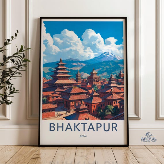 Bhaktapur Nepal Wall Art Vintage Cityscape Poster Himalayan Landscape Print Traditional Architecture Illustration Travel Decor