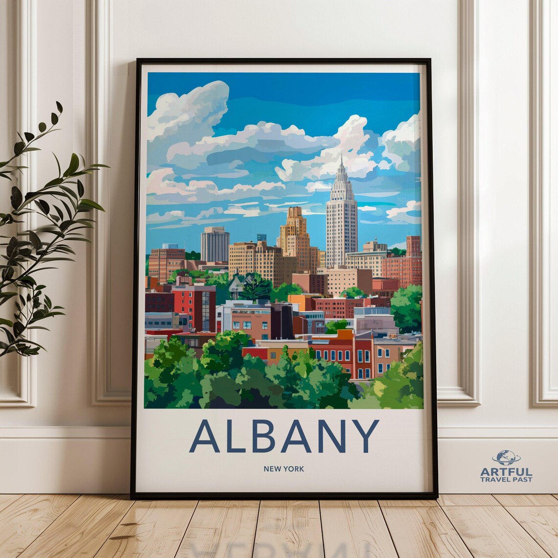 Albany New York Treetop Skyline Downtown Vintage Travel Poster
