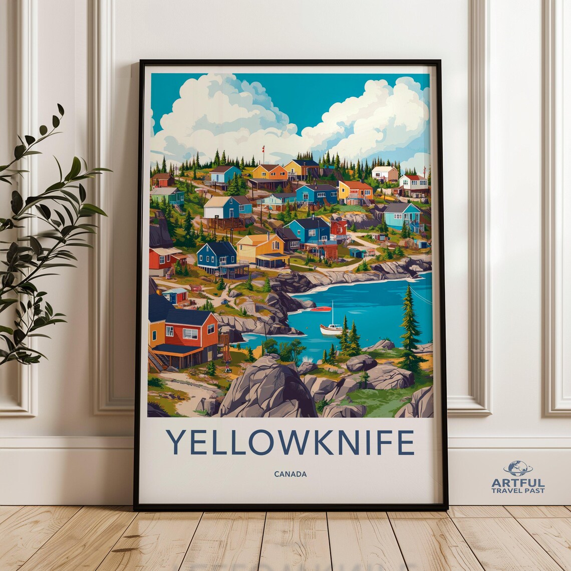 Yellowknife Canada Colorful Houses Lakeside Scenic Travel Poster