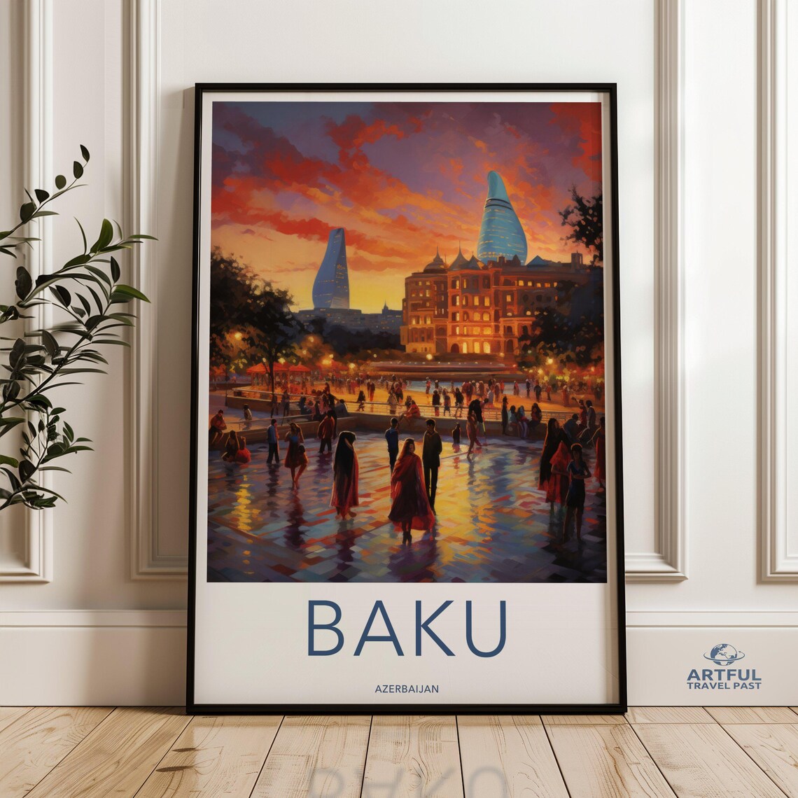 Vibrant Baku Flame Towers Sunset Skyline Azerbaijan Travel Poster