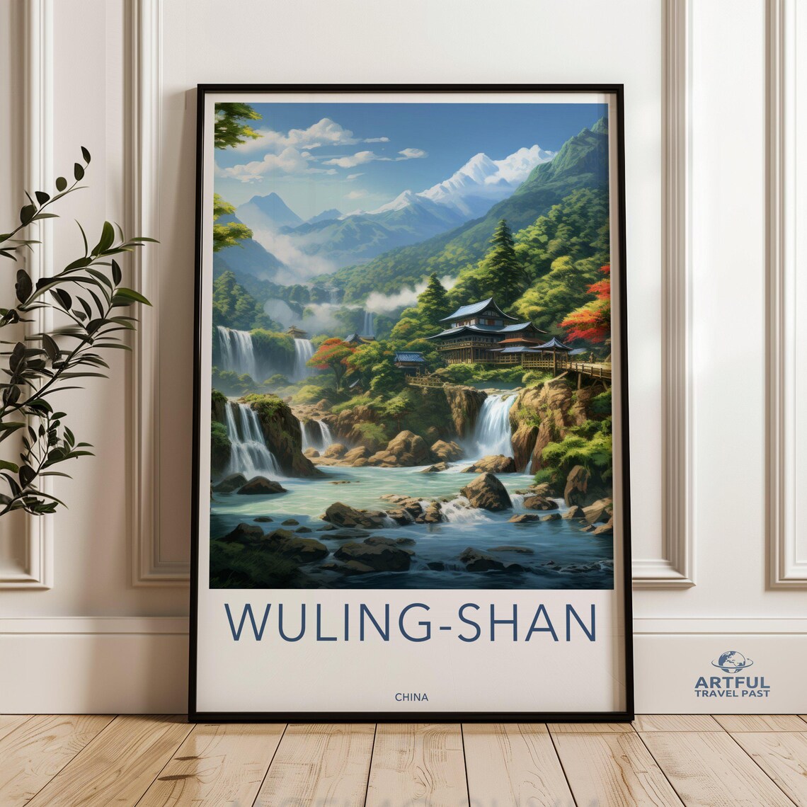 Wuling Shan China Waterfalls Temple Peaks Vintage Travel Poster