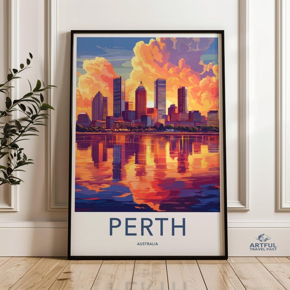Perth Skyline Wall Art Sunset Cityscape Print Australia Travel Poster Vibrant Home Decor Modern City View Office