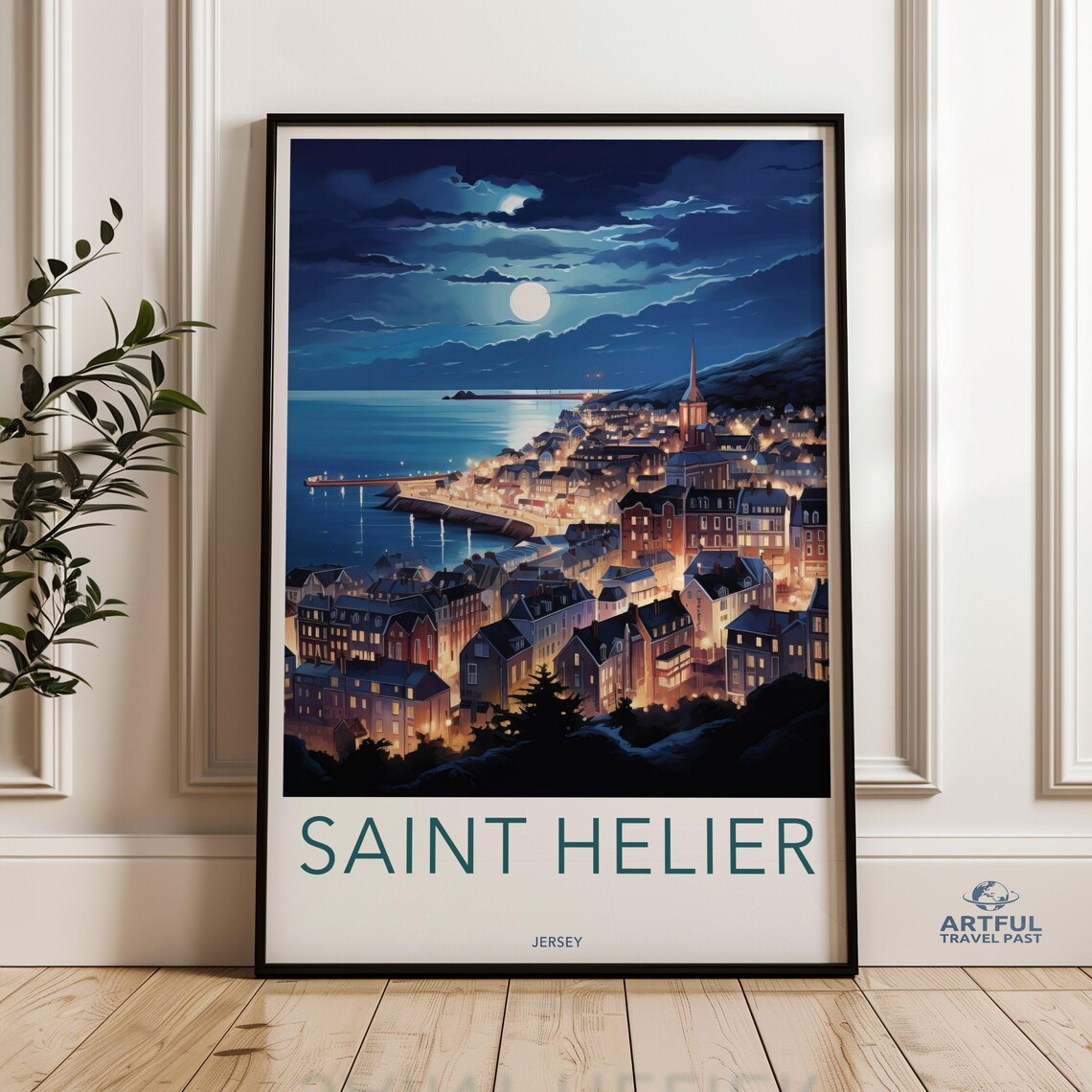 Saint Helier Jersey Night Harbor Moonlit Coast Travel Poster