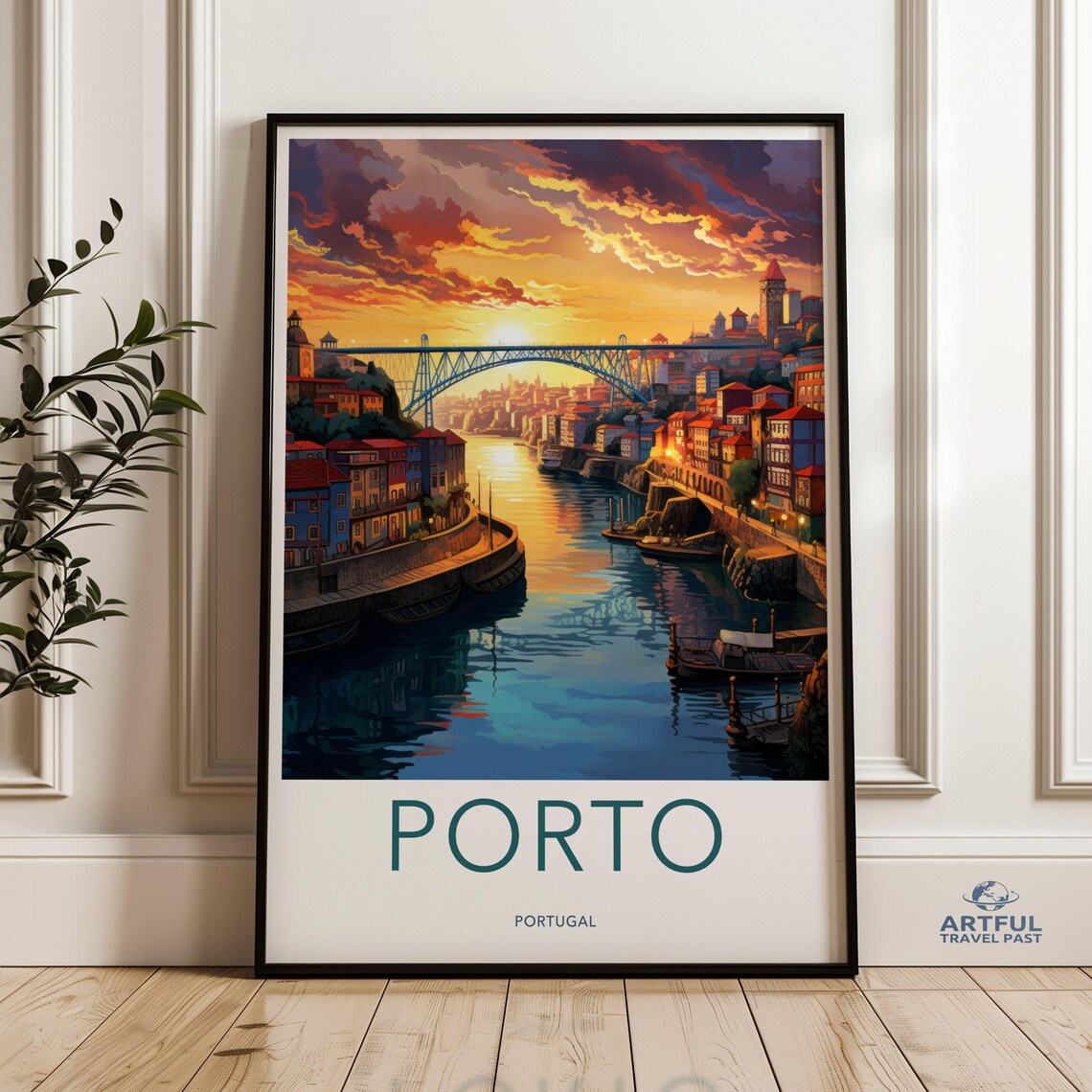 Golden Porto Portugal Sunset Douro River Bridge Travel Poster