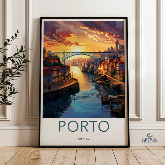 Porto Portugal Wall Art Cityscape Print Of Sunset Over Douro River Historical Artwork Cultural Landmark Illustration
