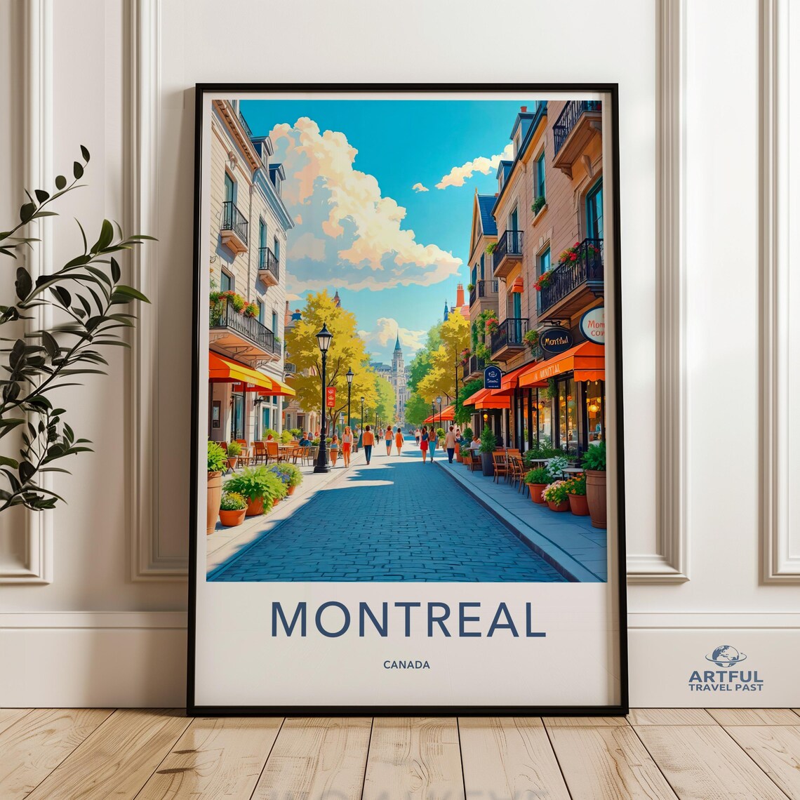 Montreal Canada Blue Sky Street With Orange Cafe Awnings Poster