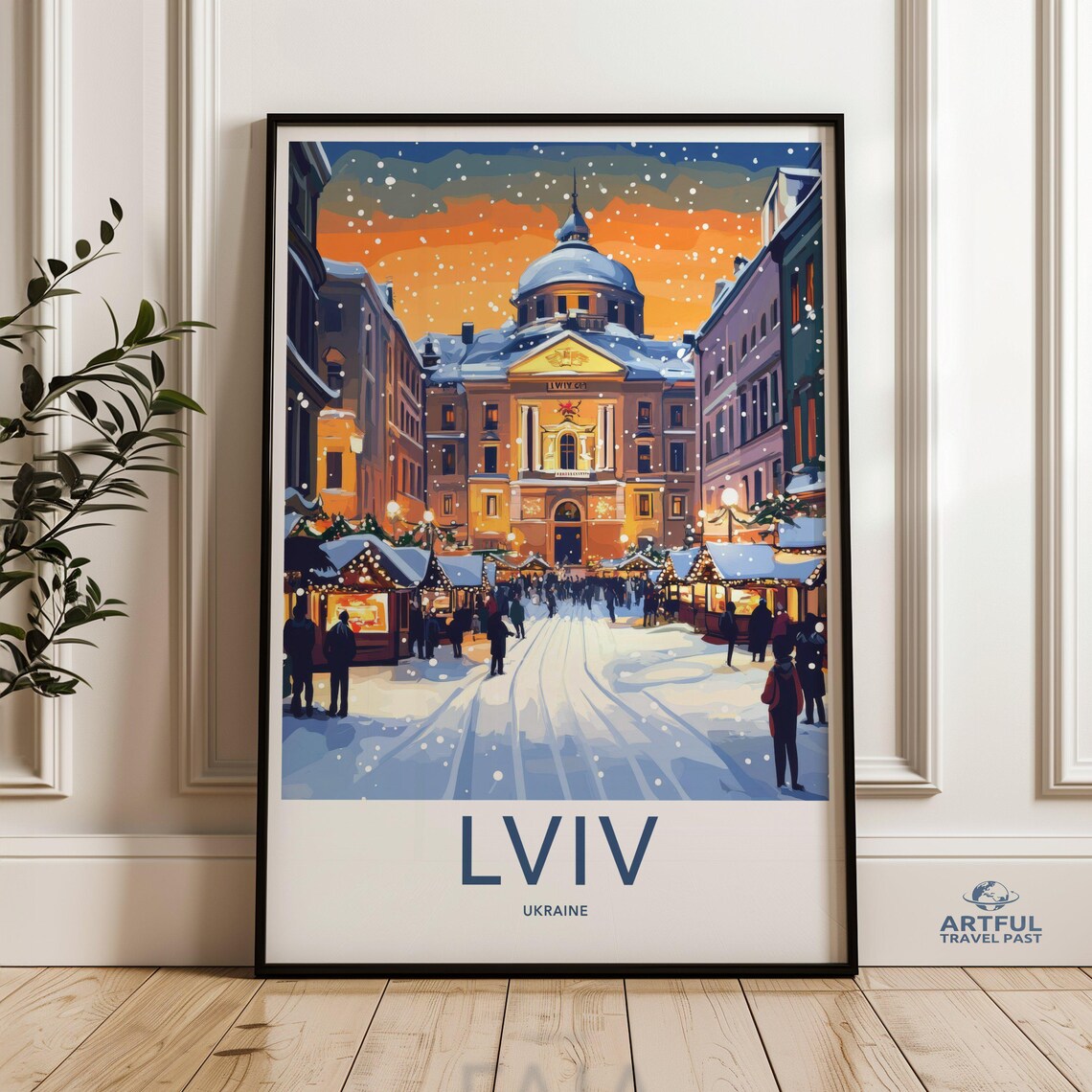Lviv Ukraine Snowy Christmas Market Winter Evening Travel Poster